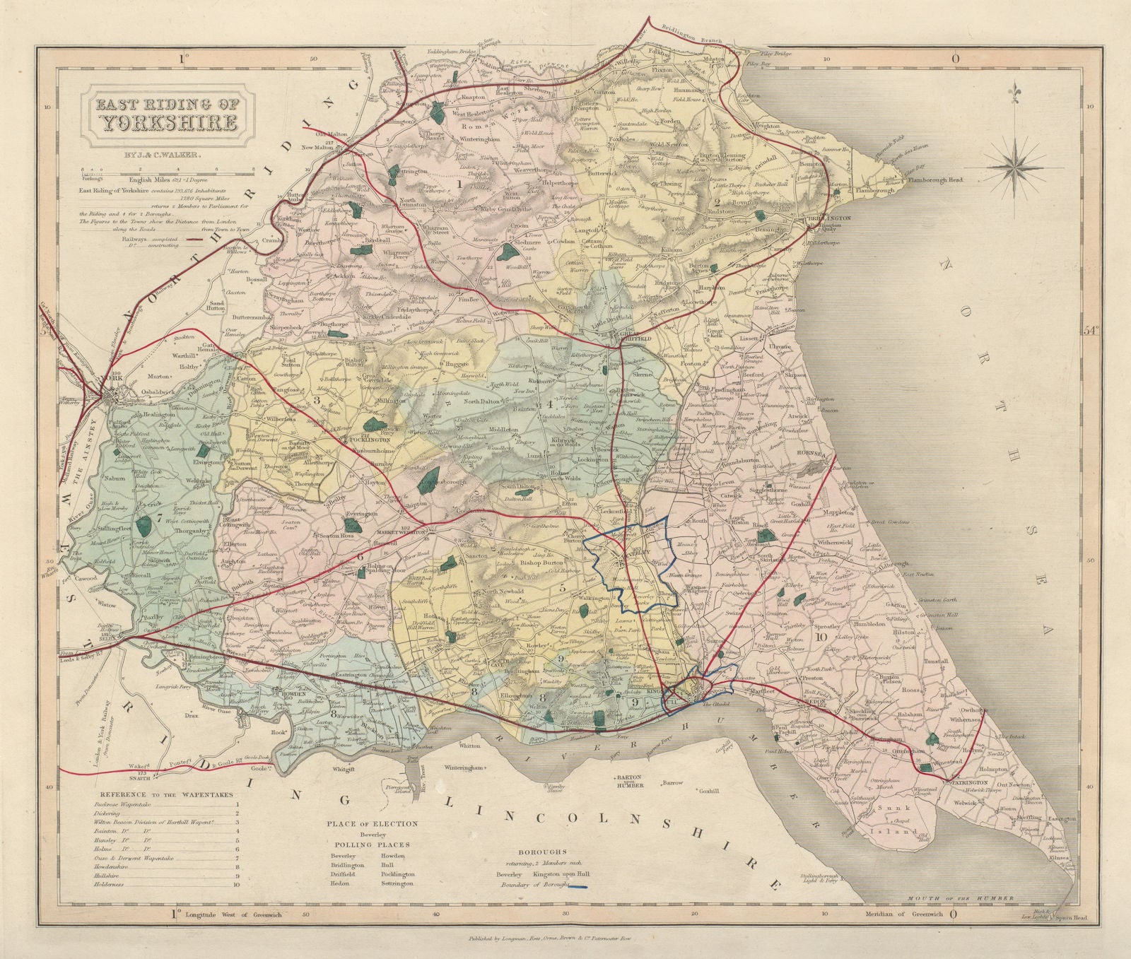 East Riding of Yorkshire antique county map by J & C Walker. Railways 1868